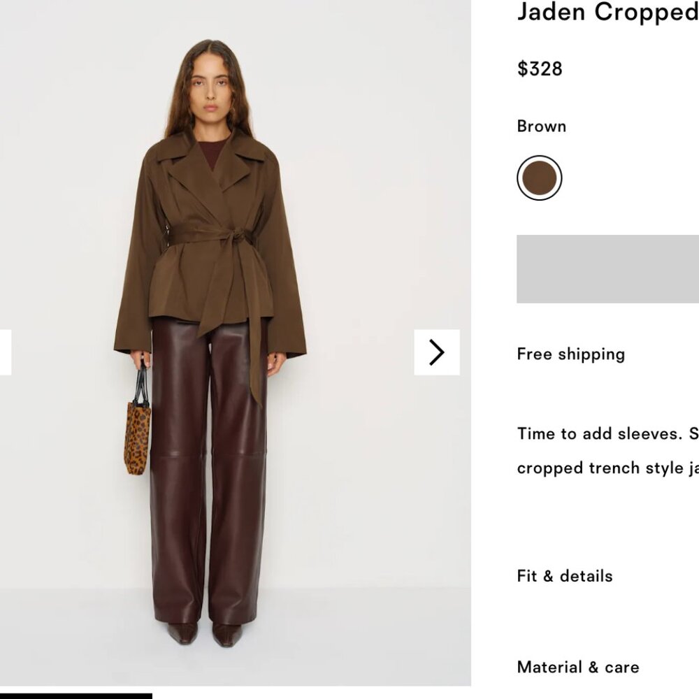 Reformation Jaden Cropped Trench Brown - Size M